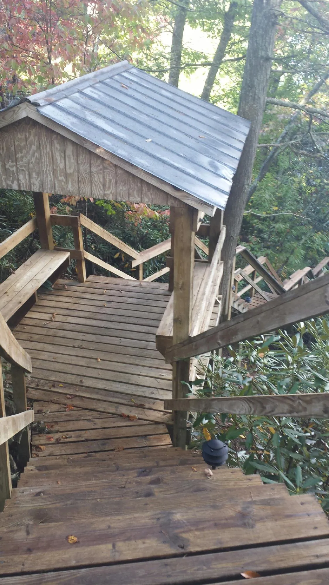 Metal roofed shelter over wooden steps on a wooded walkway — Skylight Repair & Installation work by our crew in Liberty Lake